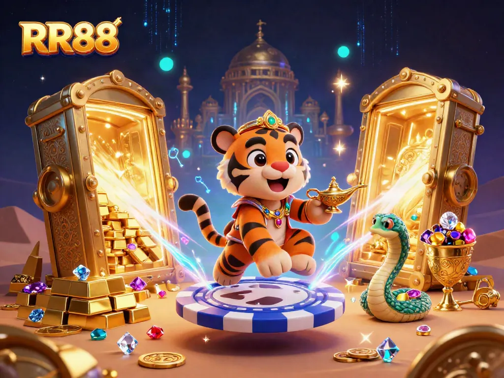 Experience the excitement of RR88 with a dazzling 3D illustration showcasing vibrant casino elements woven into a magical scene.