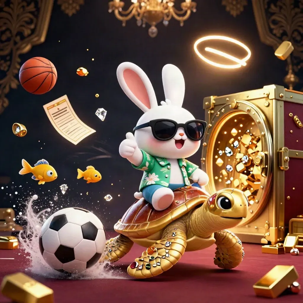 Lucky rabbit on golden sea turtle amid soccer ball, treasure vault glow and gold spray.
