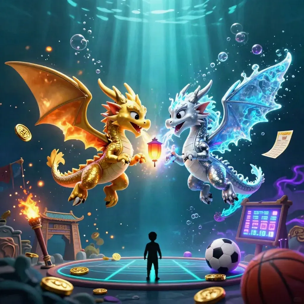 Gold and silver dragons spiral around a lantern spirit above a temple gate with neon treasure glow