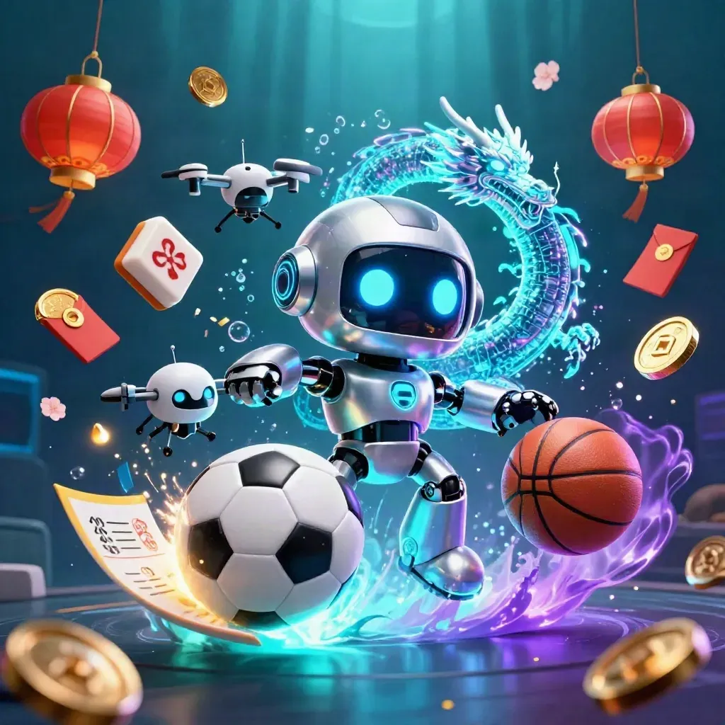 Cyberpunk robot, dragon, and coin drone amid balls, tiles, lanterns, and glowing underwater rays.