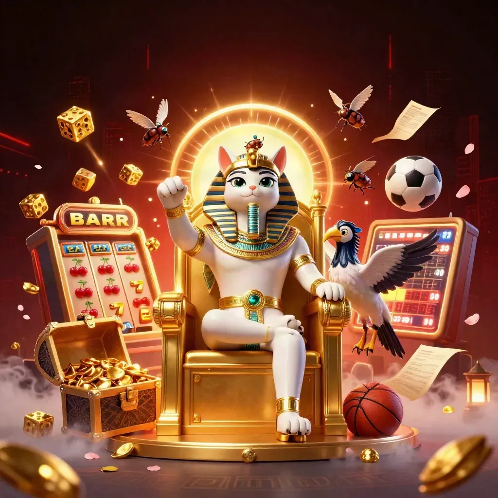 Pharaoh cat, ibis scribe, scarabs amid jackpot slot burst, gold, and sports icons.
