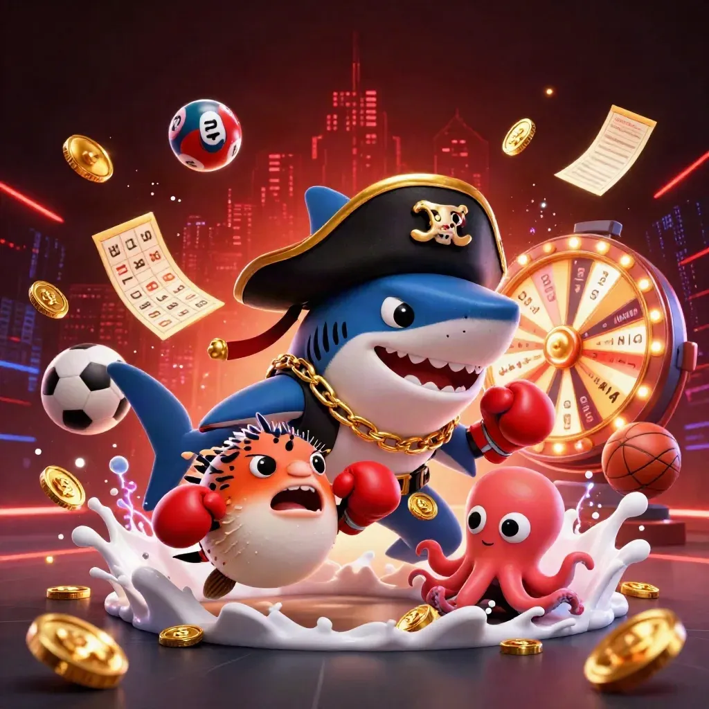 Pirate shark, pufferfish, and octopus amid casino icons, neon skyline, and gold effects.