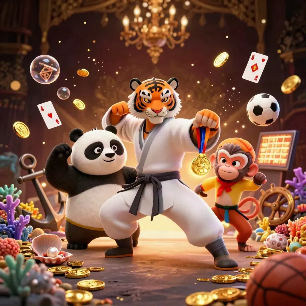Kung-fu tiger, panda, and monkey over treasure cove with coins, coral, cards, and sports gear