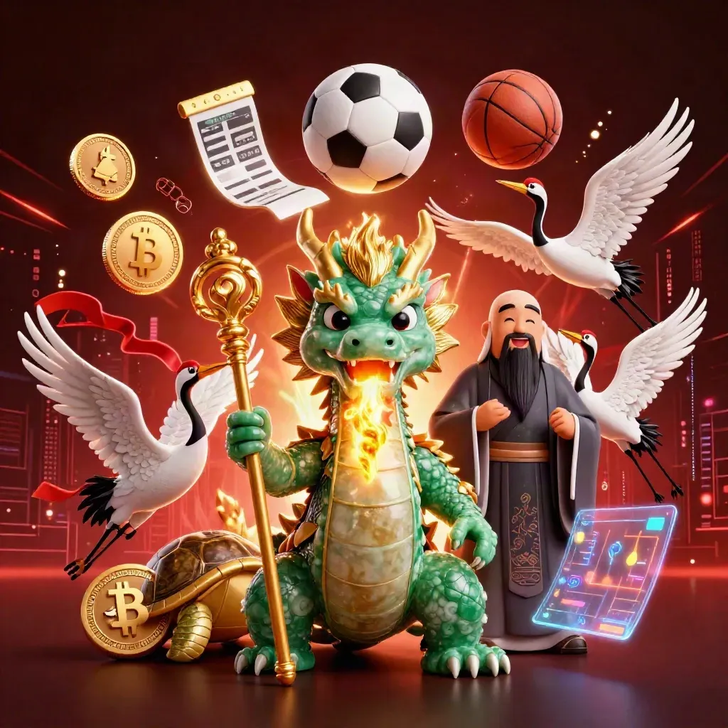 Jade dragon, sage turtle, cranes, coins, balls and neon effects in a dark casino fantasy