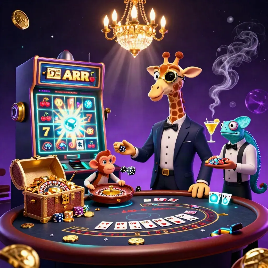 Giraffe high roller, monkey valet and chameleon bartender amid slot machine bursts and casino glow