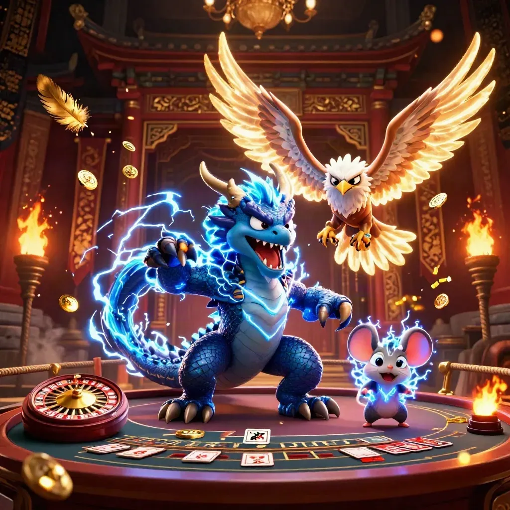 Thunder dragon, wind hawk, and static mouse in a gilded casino temple with roulette and cards.