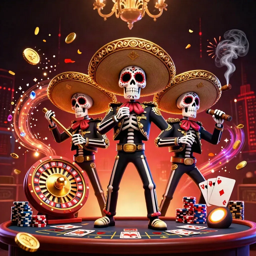 Skeleton mariachi trio amid casino lights, coins, gems, roulette wheel, chips, and fireworks.