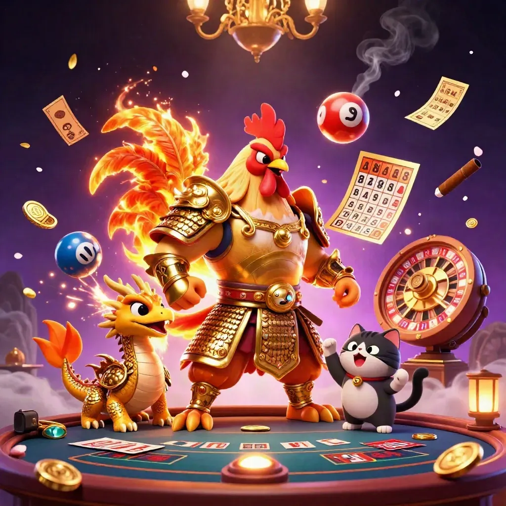 Rooster samurai, dragon hatchling, and fortune cat amid casino magic and glowing game props