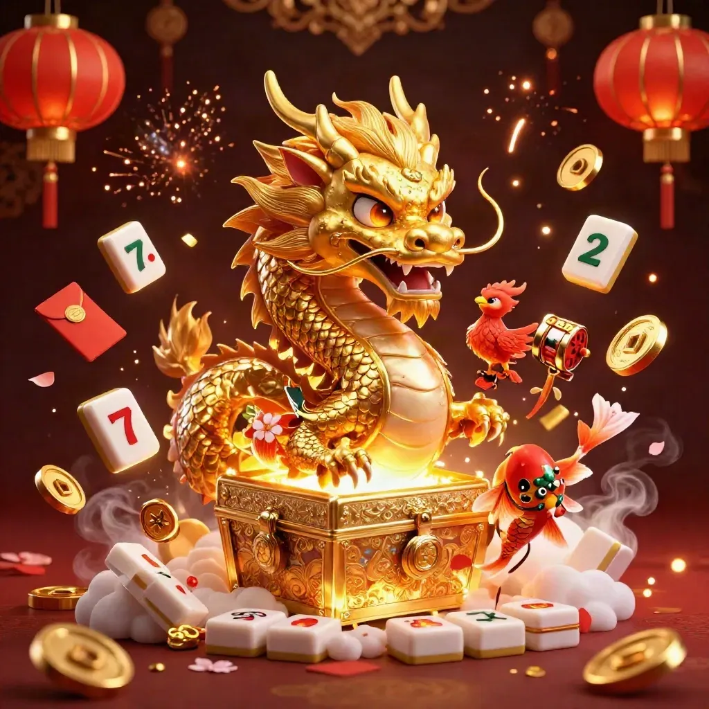 Golden dragon and phoenix burst from a treasure chest with coins, lanterns, and jade on a luxe dark backdrop.