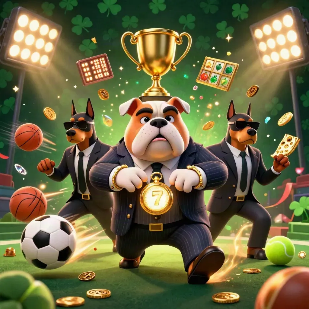 Bulldog boss and two Dobermans amid sports balls, coins, trophy and gold energy on dark emerald