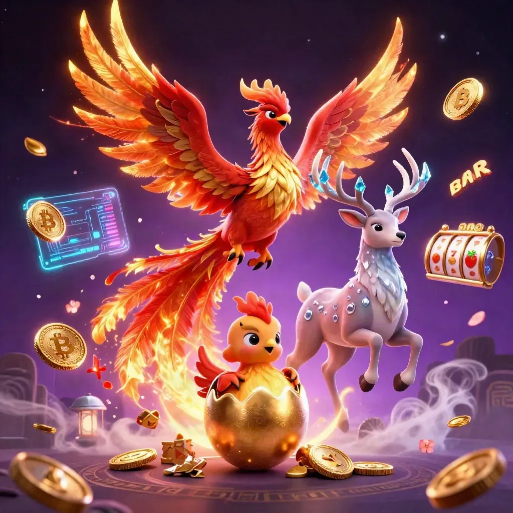 Phoenix, hatchling, and stag amid coins, lightning, reels, and magical energy bursts
