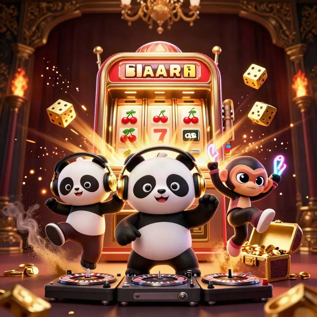 DJ panda, monkey, and glow-stick kitten amid exploding gold casino visuals on a dark luxe backdrop