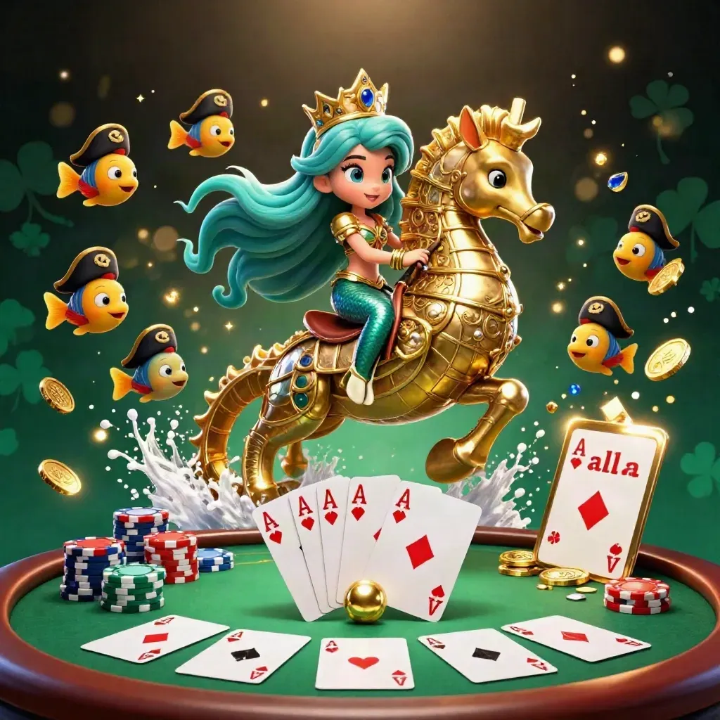 Mermaid princess on a golden seahorse with pirate-hat fish, chips, aces, and glowing casino energy.