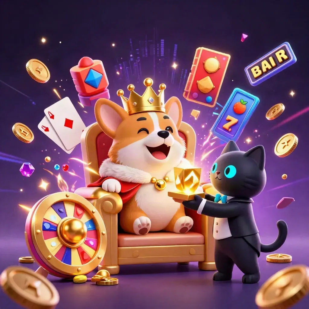 Royal corgi king and cat butler amid casino coins, chips, cards, and neon energy.
