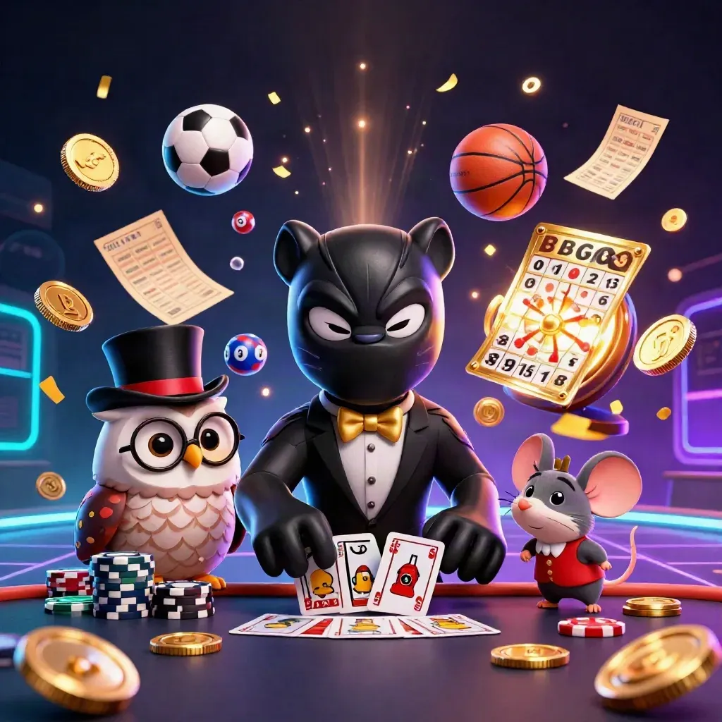 Panther, owl, and mouse amid coins, fireworks, and casino prizes in a neon vault burst.