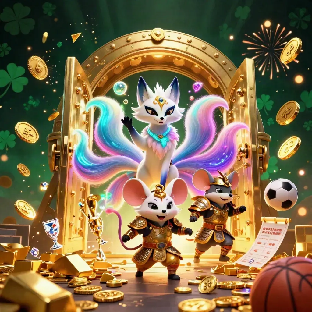 Neon fox spirit and armored mouse burst from a golden vault with coins, gems, sports ball, and glowing effects.
