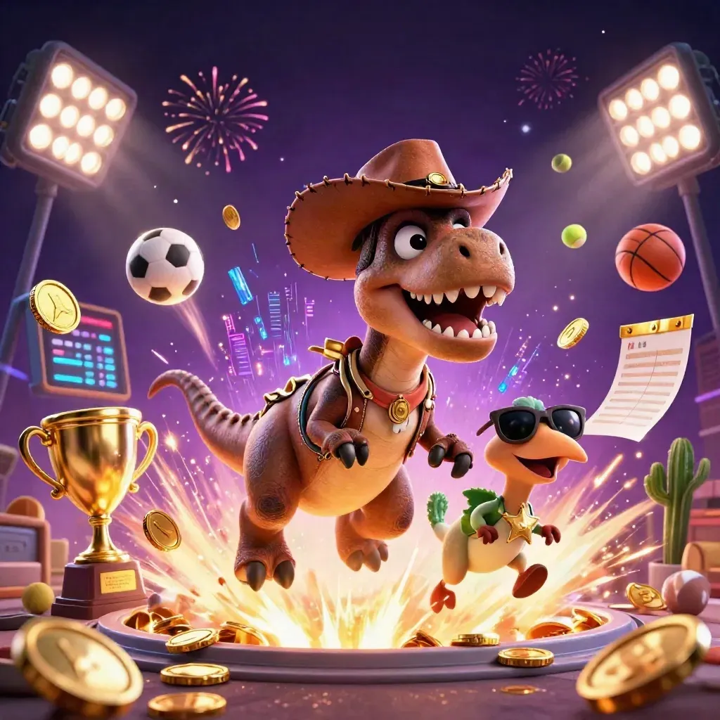 3D cowboy T-Rex trio bursts from a vault amid coins, balls, trophy, and fireworks