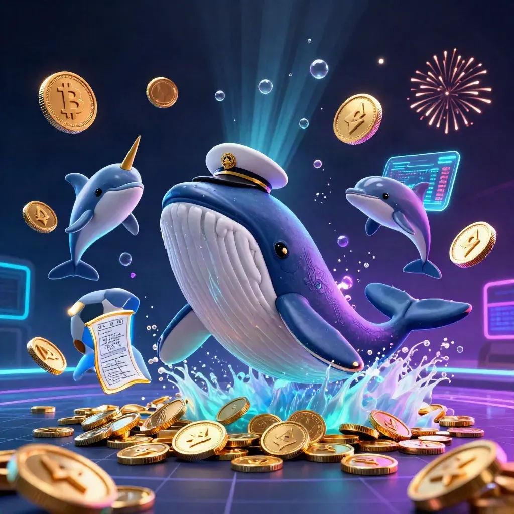 Whale captain, narwhal, dolphins, coins, crypto icons, and sportsbook symbols in a neon treasure burst.