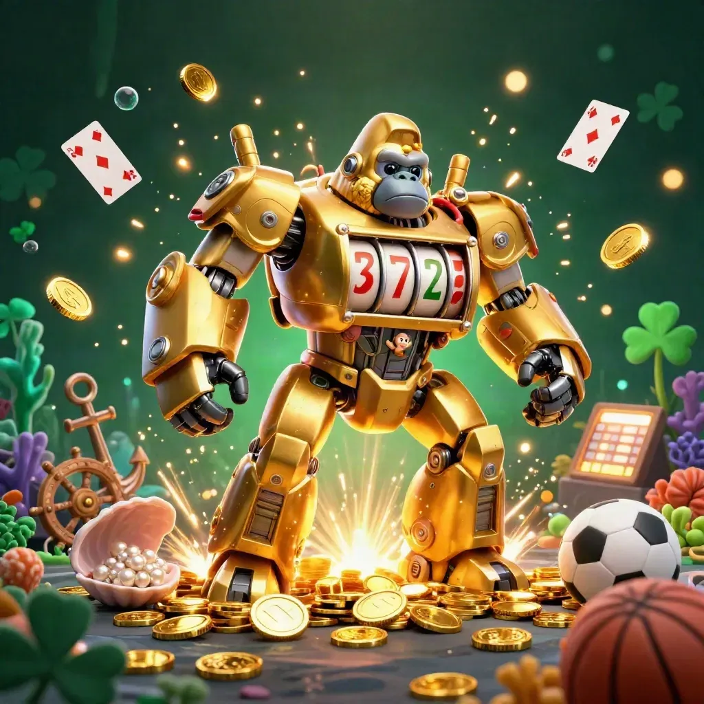 Golden gorilla mech bursts through coin treasure with monkey pilot, coral, cards, sports balls and glowing lights.