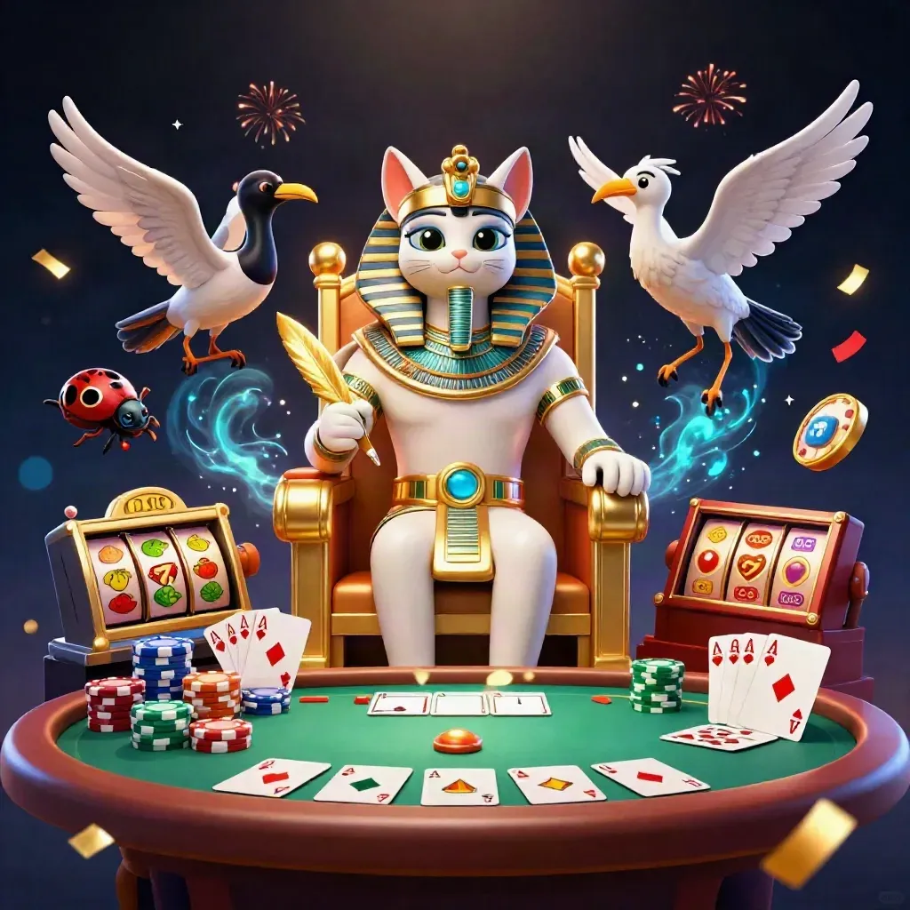 Pharaoh cat, ibis scribe, and scarabs amid casino cards, chips, and glowing effects