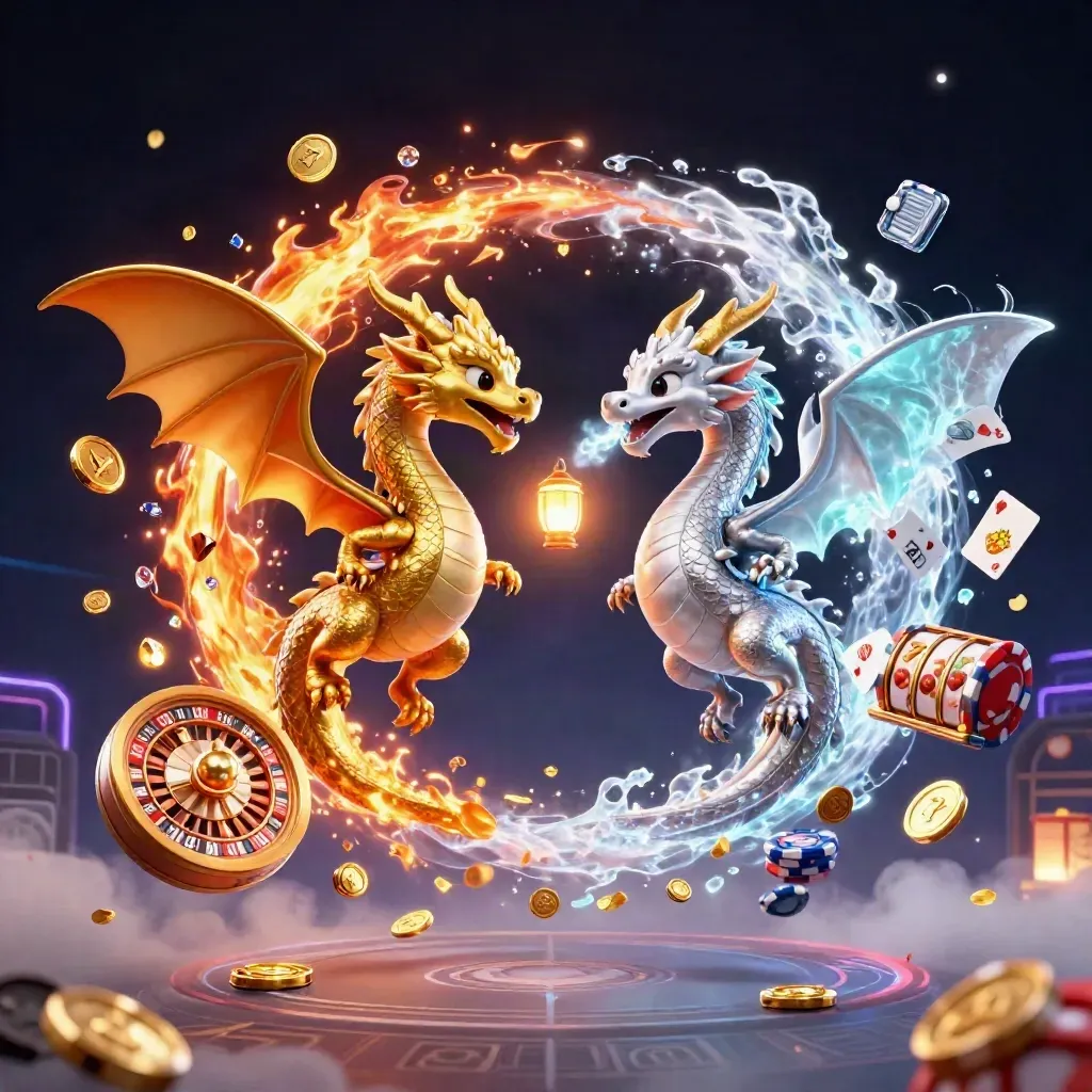 Gold and silver dragons spiral around coins, chips, cards, reels, and a lantern spirit.