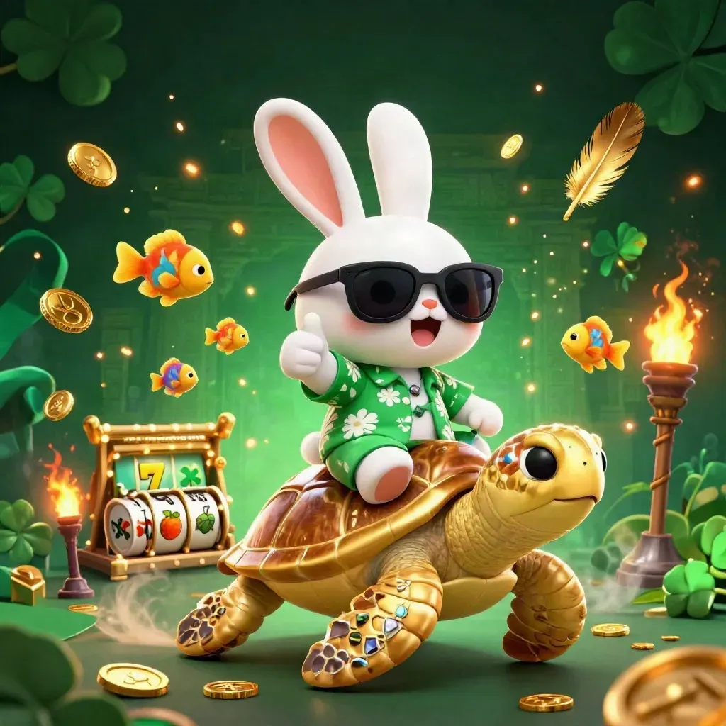 Lucky rabbit rides a golden turtle amid reels, coins, temple gate, and ember glow.