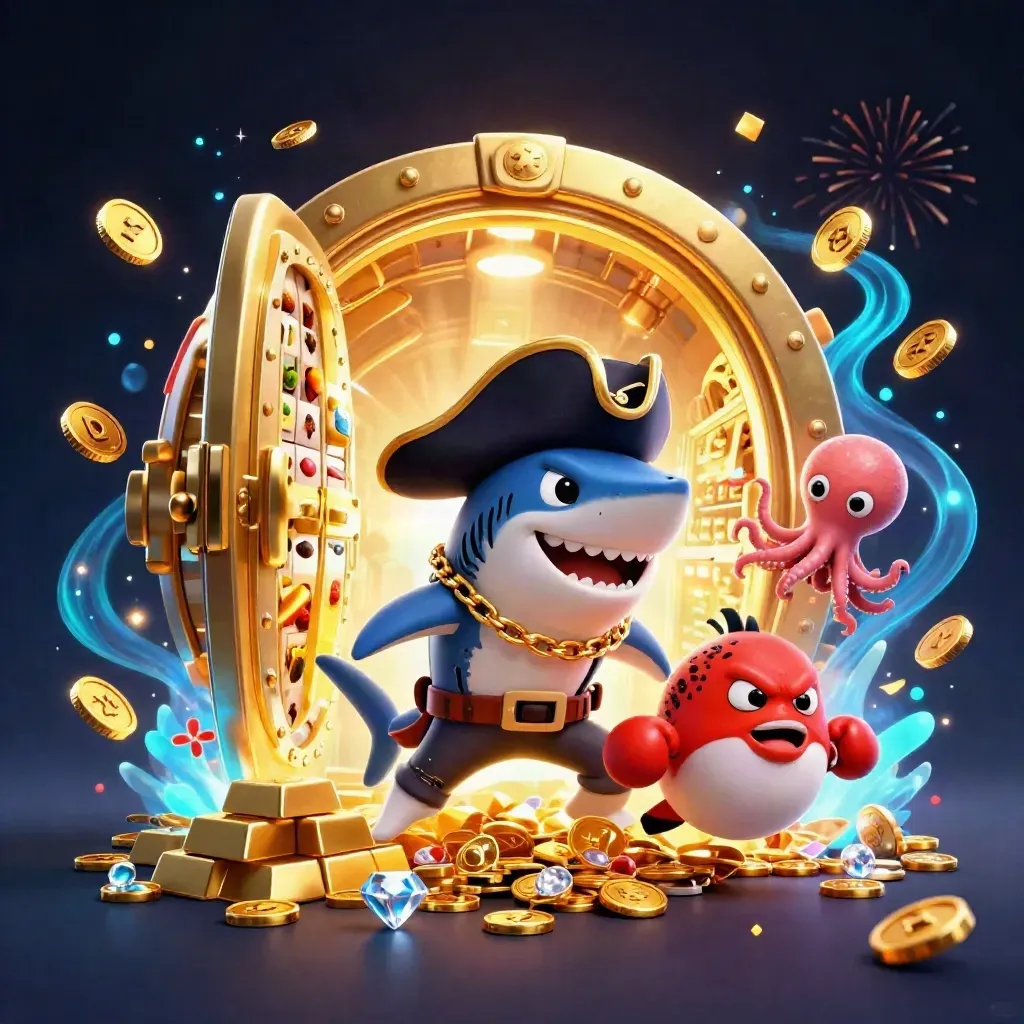 Shark pirate, boxing pufferfish, and juggling octopus amid a vault burst of gold and neon effects