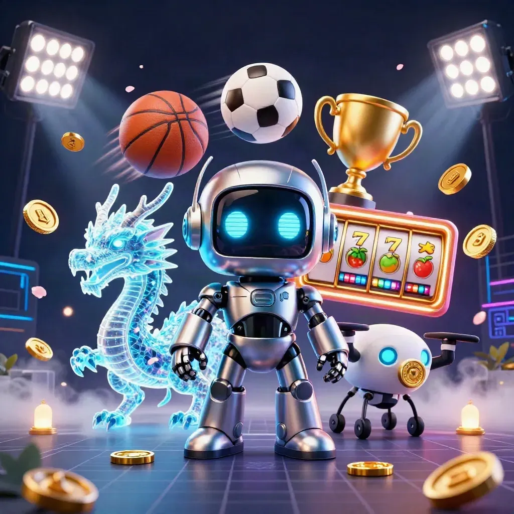 Cyberpunk robot, holographic dragon, and drone amid casino and sports energy.