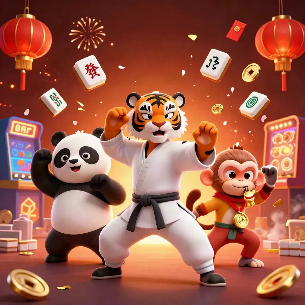 Kung-fu tiger, panda, and monkey amid casino luck symbols and glowing embers.