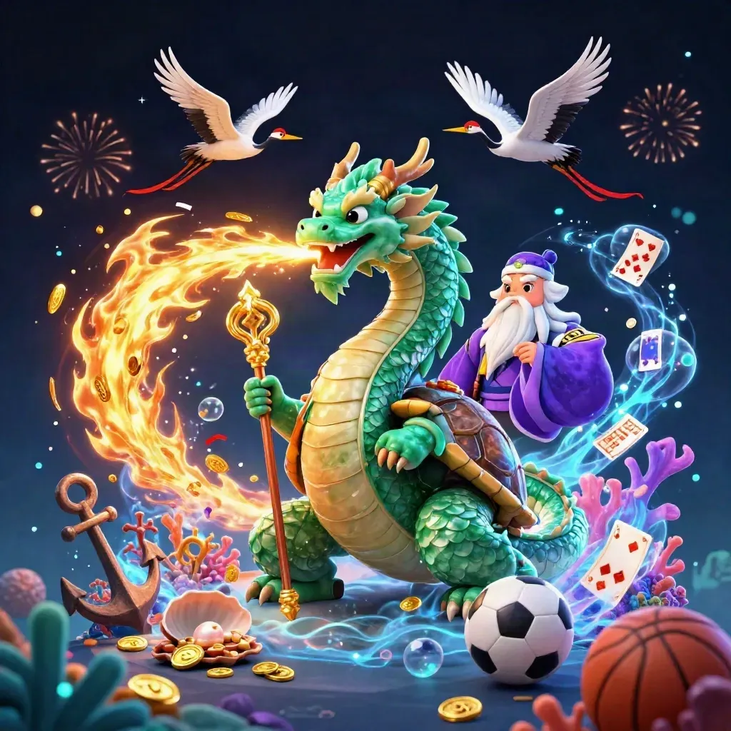 Dragon, turtle sage, and cranes amid treasure, coins, and glowing casino fantasy art.