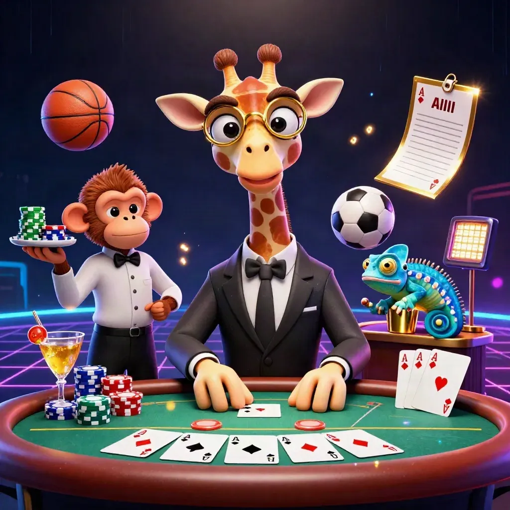 Giraffe high roller, monkey valet, and chameleon bartender amid poker chips and neon sports bets.