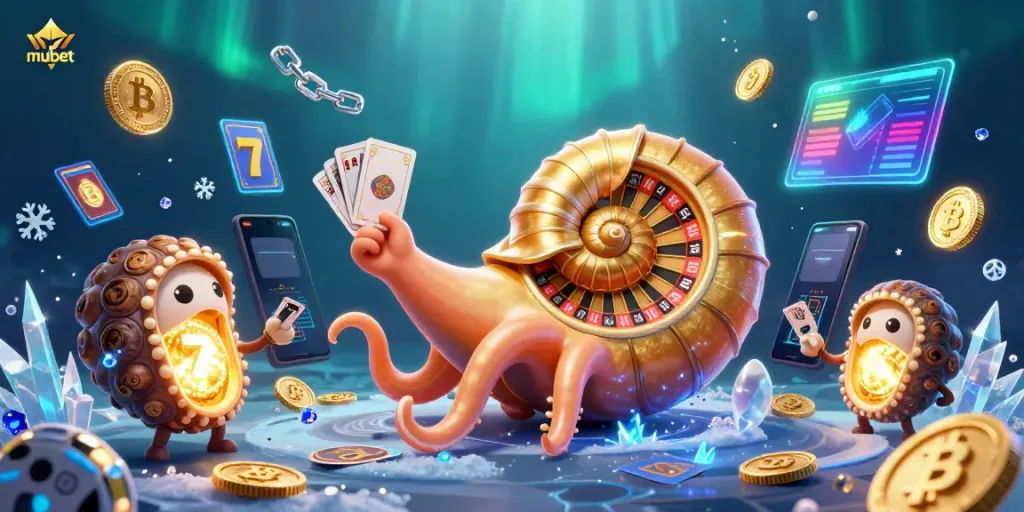 Engage with mubet through a vibrant 3D illustration showcasing a giant nautilus roulette wheel surrounded by exciting casino elements.