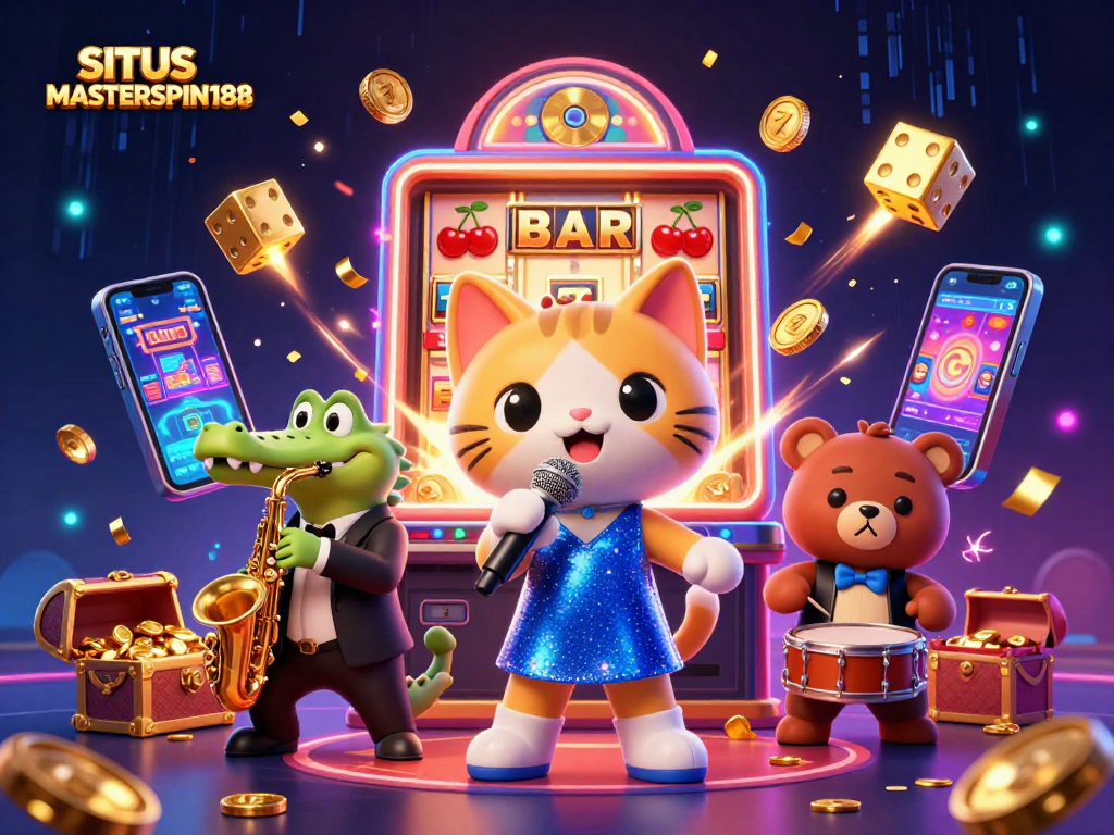 SITUS MASTERSPIN188 showcases a lively casino scene with jazz-singer cat, saxophone crocodile, and drum bear.