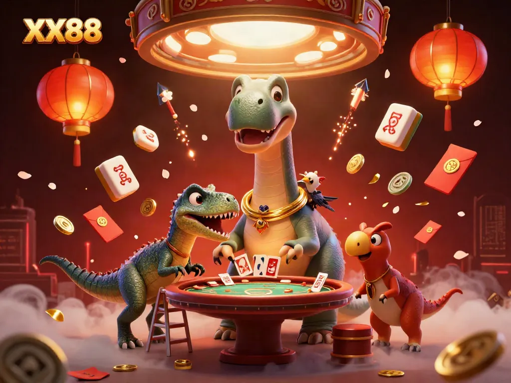 Engage with XX88's thrilling atmosphere as a dinosaur looks down at a poker table amidst vibrant gaming elements.
