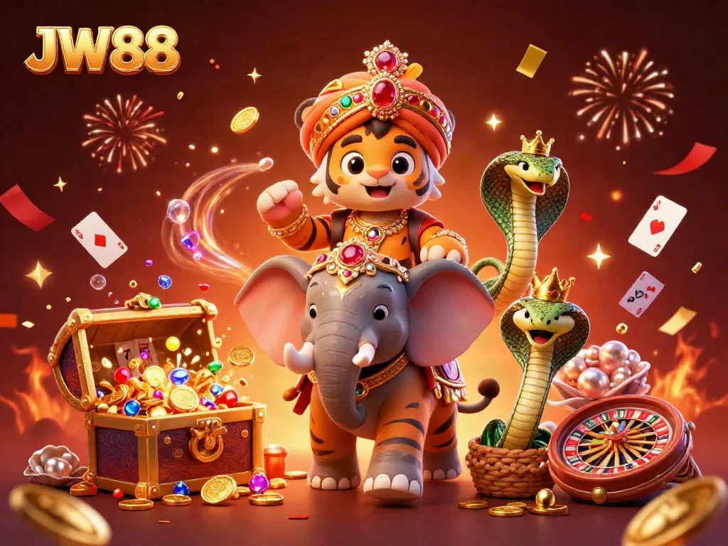 Experience the thrilling atmosphere of JW88, illustrated with colorful casino elements and a majestic tiger.