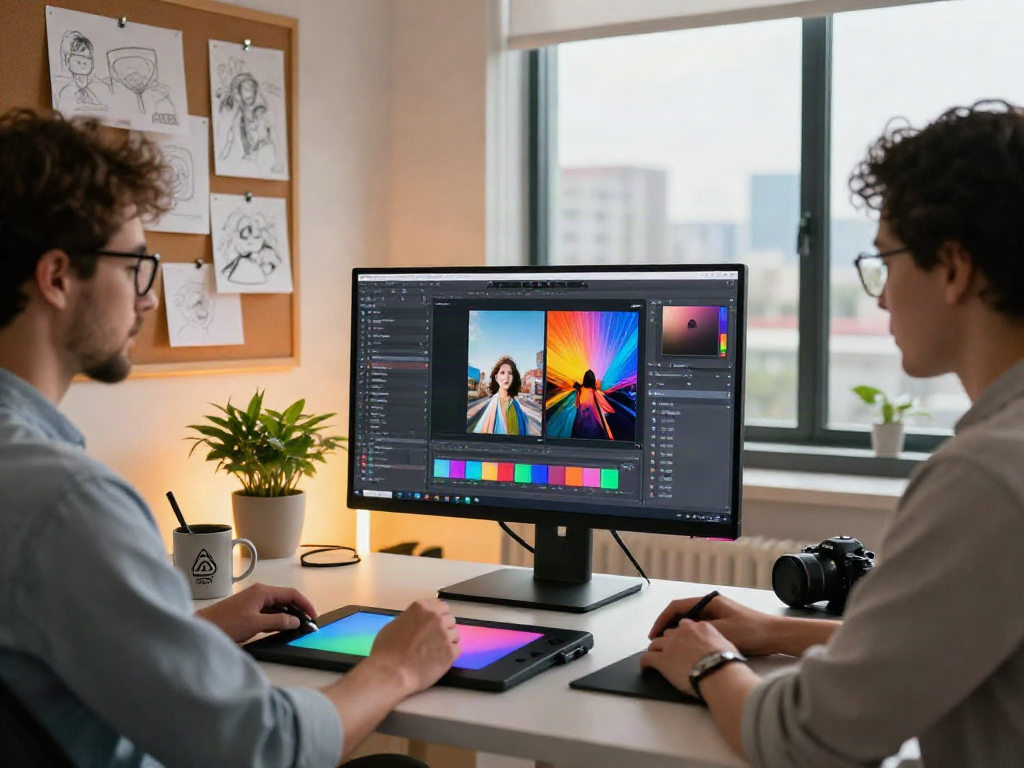 Designer editing vibrant images using an ai photo editor in a modern studio.