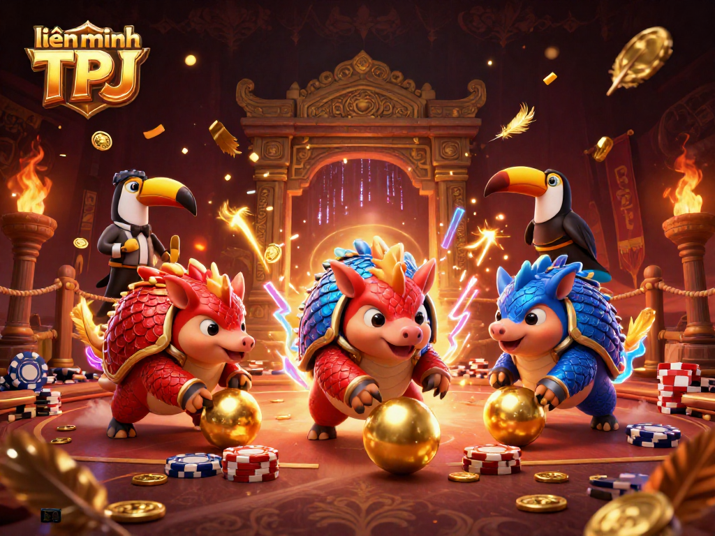 Experience the excitement of liên minh TPJ with a dynamic gaming scene featuring pangolins and a toucan referee.
