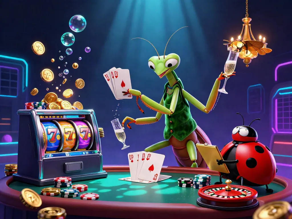 Experience thrilling gambling with SUNWIN as a mantis dealer and ladybug boss in a lively casino setting.