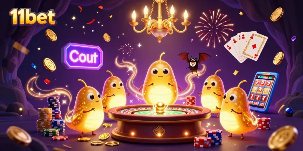 Engage in thrilling gameplay at 11bet with vibrant casino elements including golden coins and vibrant poker chips.