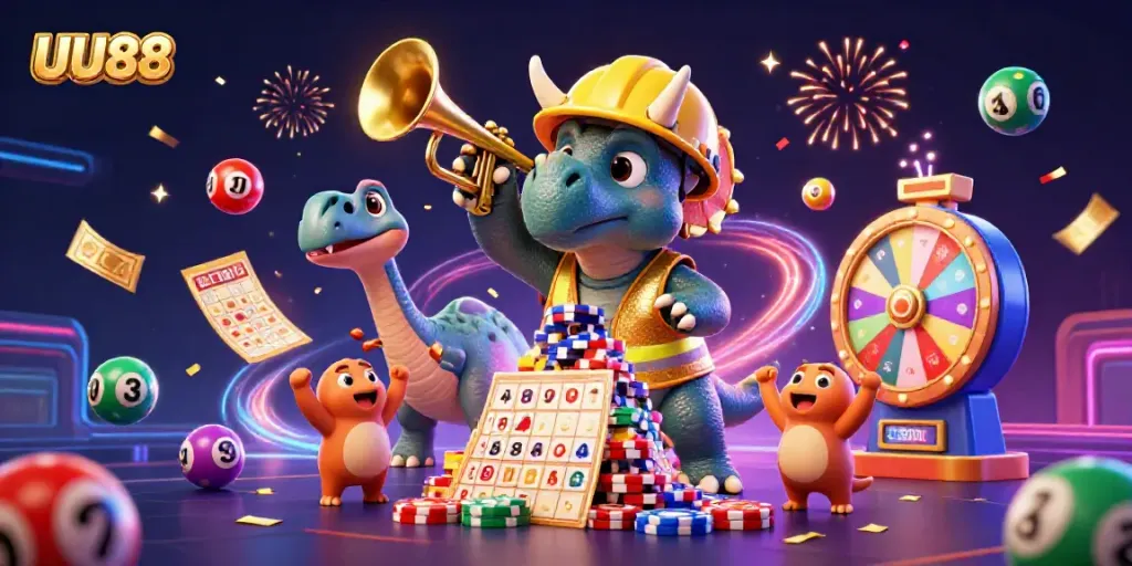 Celebrate your wins with UU88 in an energetic casino scene filled with colorful lottery elements.