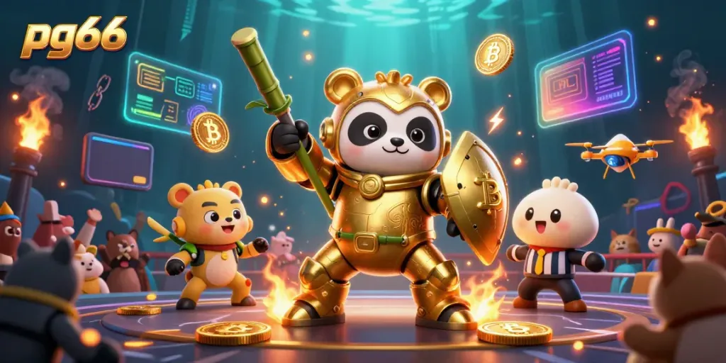 Engage in thrilling gameplay at pg66 with 3D characters, glowing crypto coins, and dynamic casino elements.