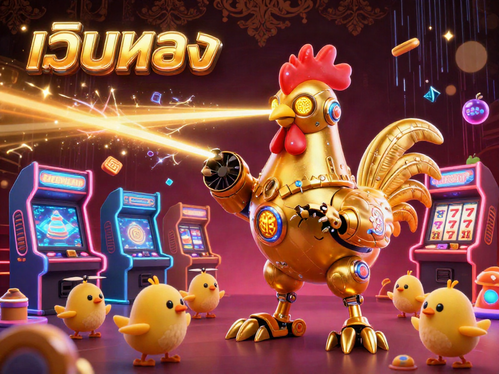 Experience thrilling action with เว็บตรง as a golden rooster robot and chick drones engage in casino game fun.