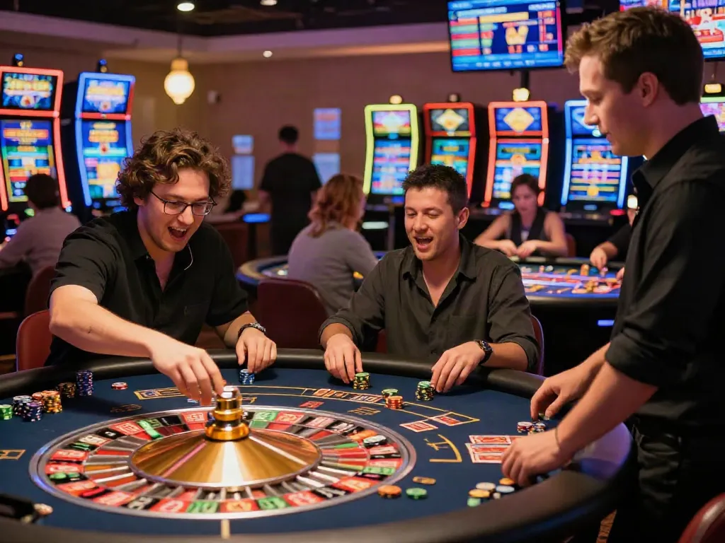 Fabet players enjoying various games in a lively casino atmosphere, capturing excitement and engagement.