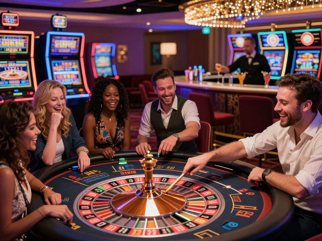 Giocatori nei migliori casinò italiani non AAMS mentre festeggiano intorno a un tavolo della roulette, immersi in un'atmosfera vivace e colorata di gioco.