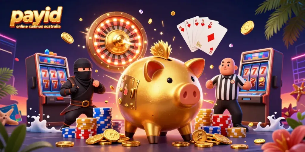 Engaging scene showcasing payid online casinos australia with vibrant characters and casino elements in action.