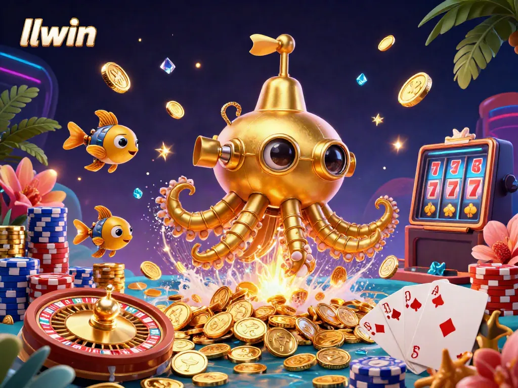 Experience the thrill of llwin with a golden kraken submarine amidst coins and vibrant casino elements.
