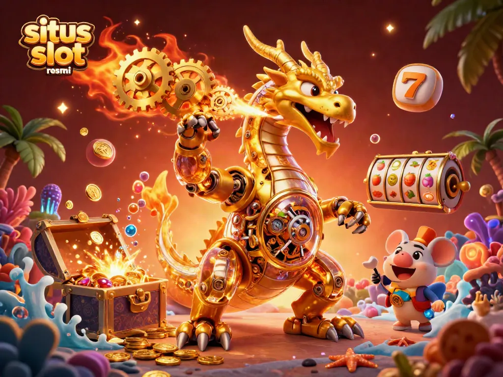 Experience the thrill of situs slot resmi as you witness a golden dragon breathing gears amidst dynamic slot elements and treasures.