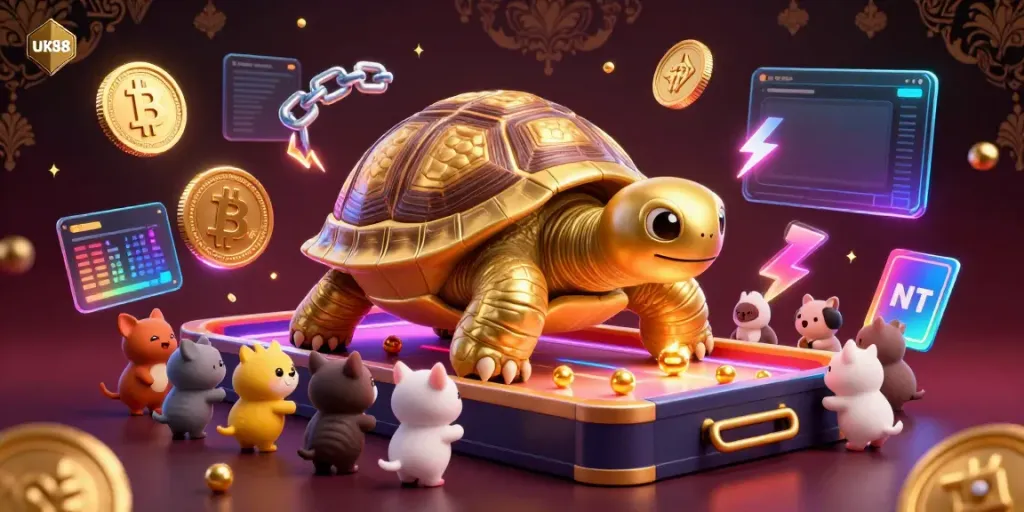 Engage with uk88: A thrilling 3D depiction of a casino world showcasing a giant pinball machine tortoise surrounded by excited animals.