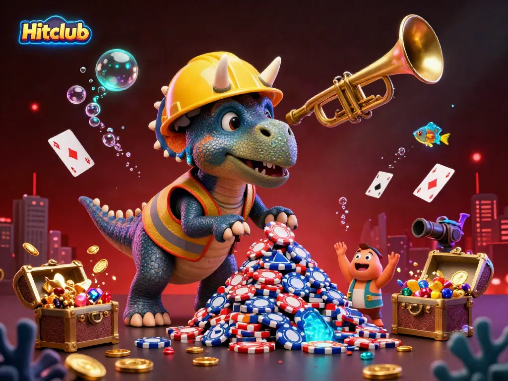 Experience vibrant excitement at Hitclub with a celebratory scene of triceratops and parasaurolophus amidst a gambling adventure.