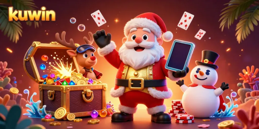 Engage with kuwin's exciting slots as Santa spins jackpots alongside a dealer reindeer and poker chip snowman!